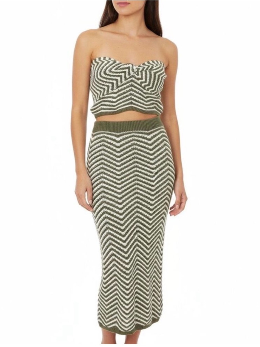 Olive Chevron Knit Midi Skirt - Women's Knit Pencil Skirt